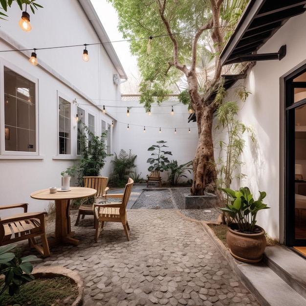 a house with a patio that has a table and chairs on it