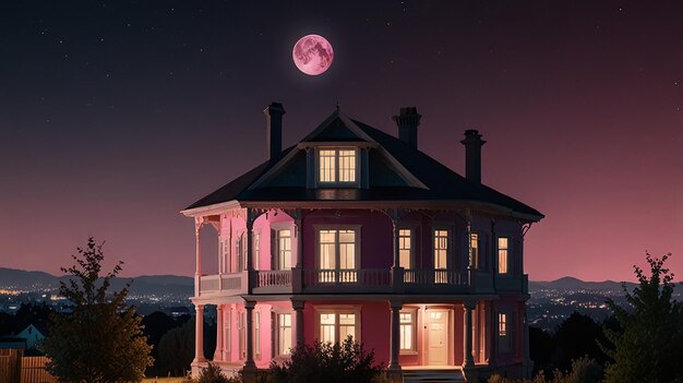 Photo a house with a pink moon in the sky