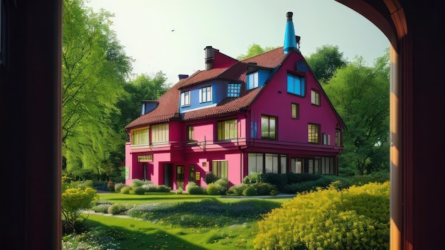 A house with a pink roof and a green lawn in front of it field