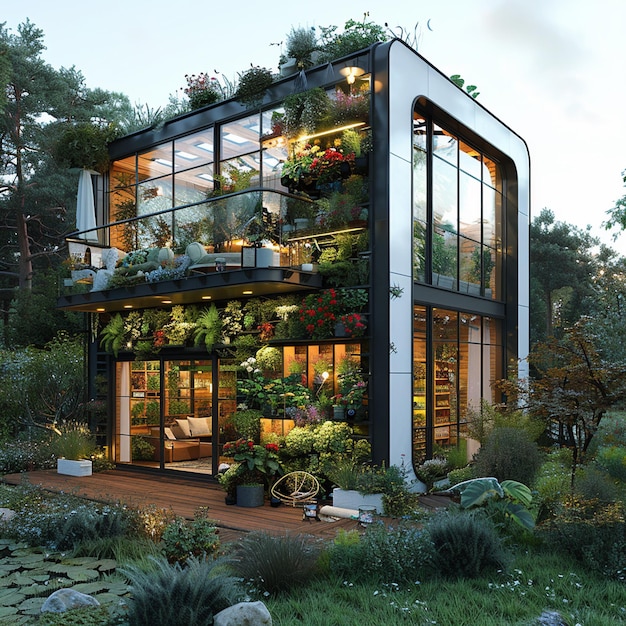 a house with a plant on the roof and a large window that says  garden