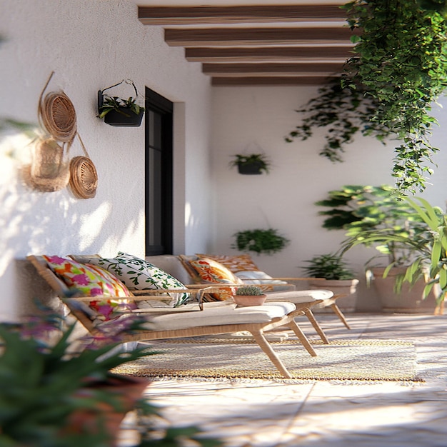 Photo a house with a plant on the wall and a bench with a plant on it