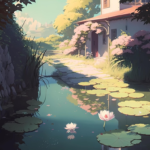 A house with a pond and a house with a flower in the middle.