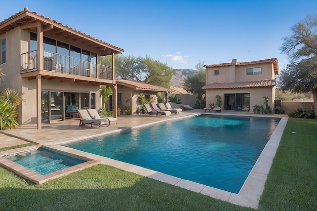 A house with a pool in the background