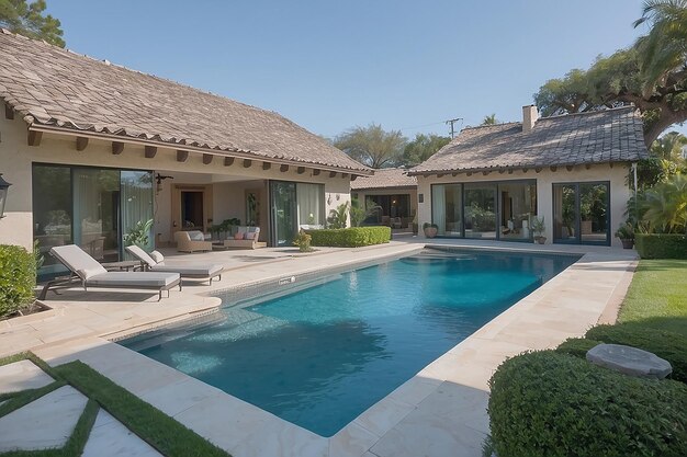 A house with a pool in the background