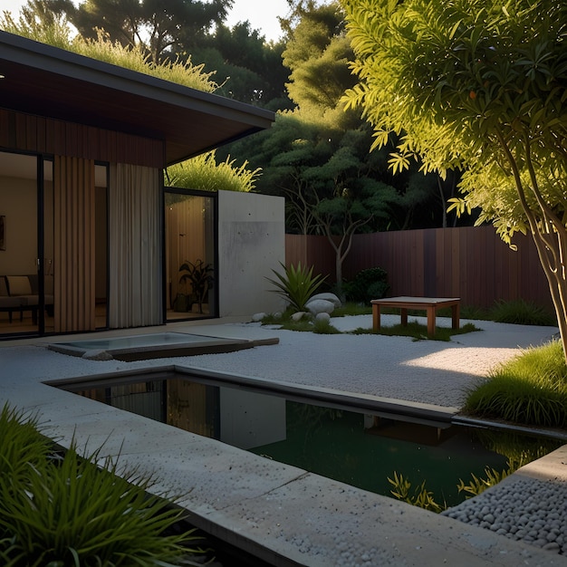 a house with a pool and a bench in the yard