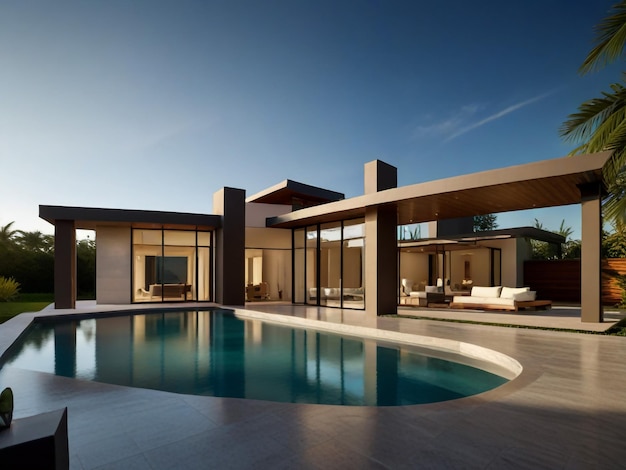 a house with a pool and a fireplace in the background