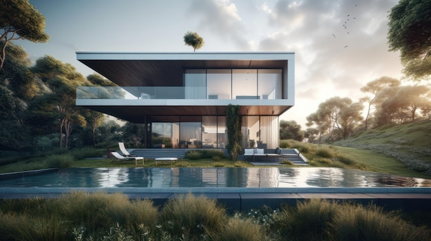 A house with a pool in the foreground and a house in the background.