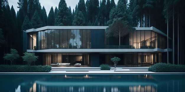 A house with a pool in the forest