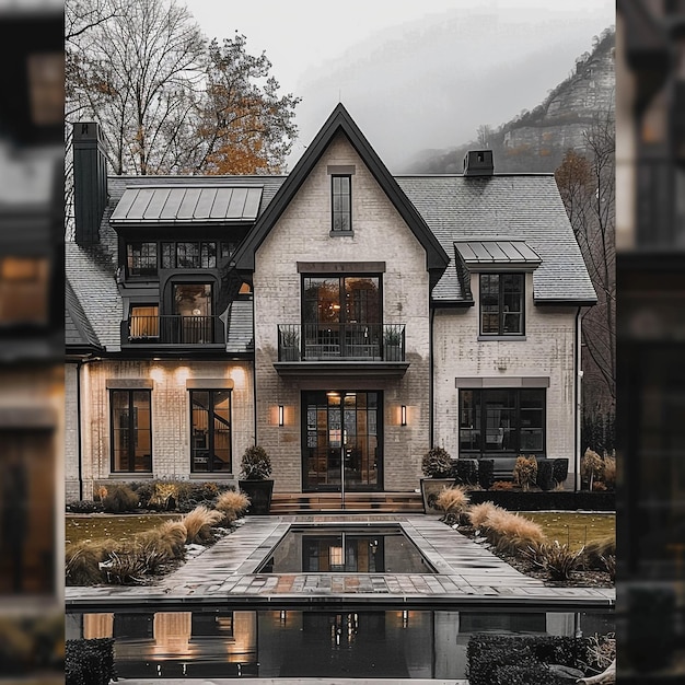 a house with a pool in front of it