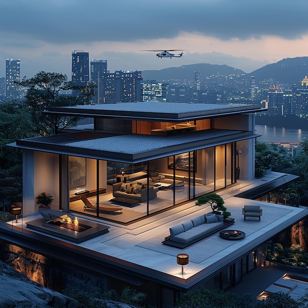 a house with a pool and a helicopter flying over it