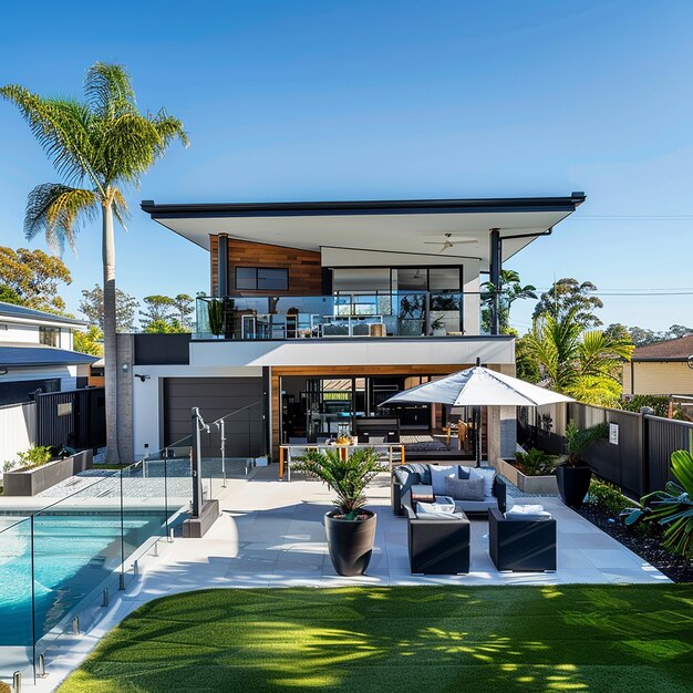 Photo a house with a pool and a house with a pool in the background