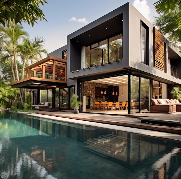 a house with a pool and a house with a pool and a house in the background.