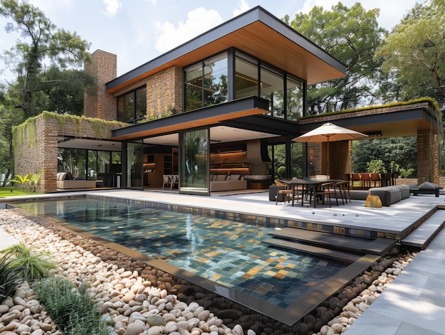 a house with a pool and a house with a pool and a pool with a house in the background