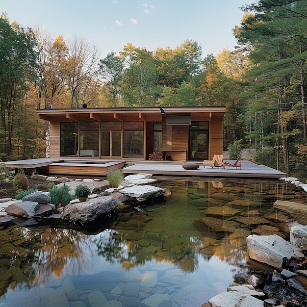 Photo a house with a pool and a house in the woods