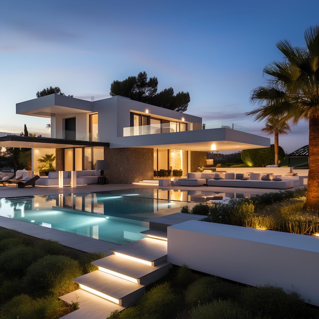 a house with a pool and a palm tree in the foreground