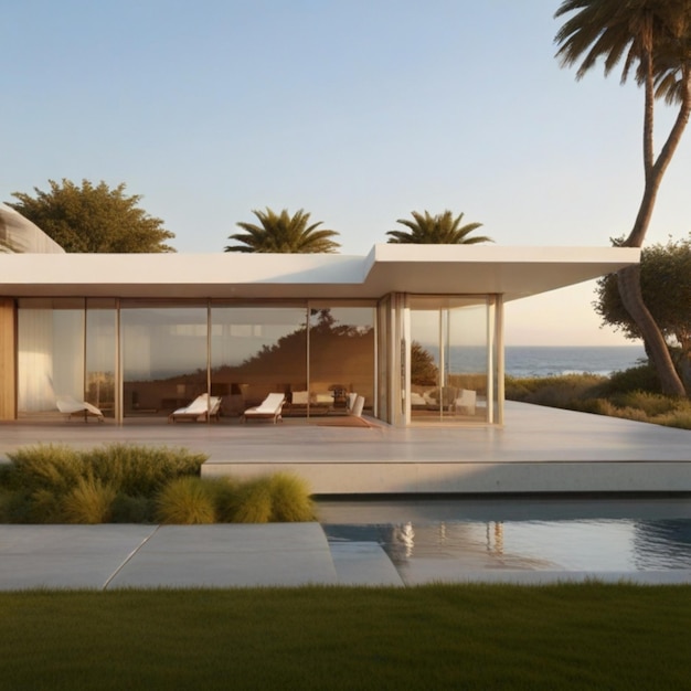 a house with a pool and palm trees in the background