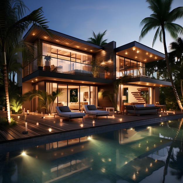 a house with a pool and palm trees in the background