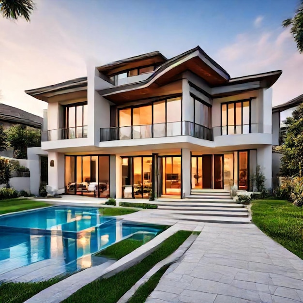 a house with a pool and a pool in the foreground