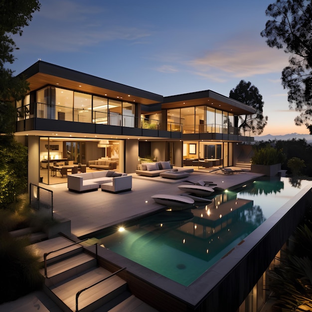 a house with a pool and a pool in the foreground