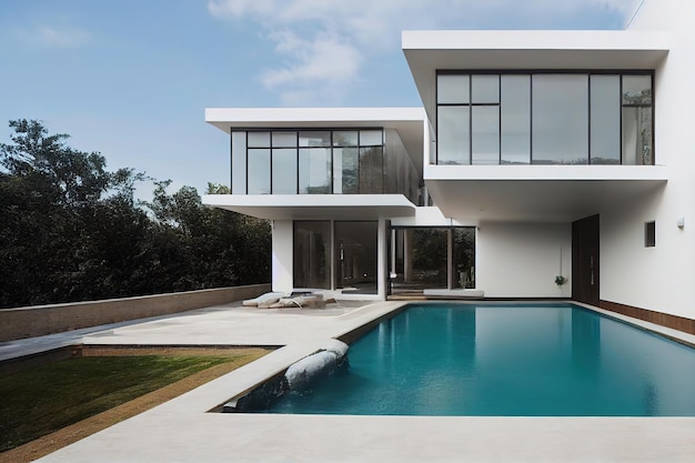 A house with a pool and a pool in front of it.