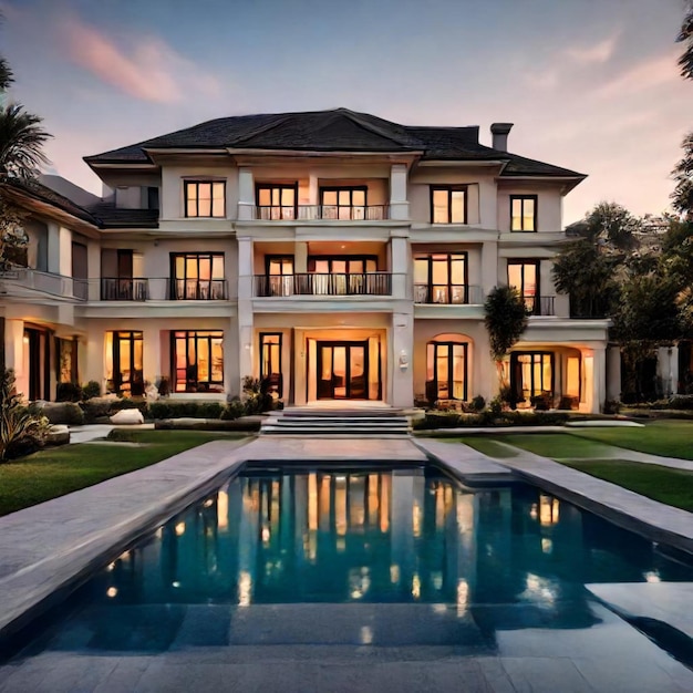 a house with a pool and a pool with a house in the background