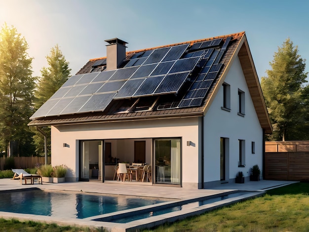 a house with a pool and a pool with a house with solar panels on the roof