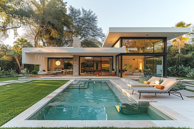 a house with a pool and a pool with a pool in the background