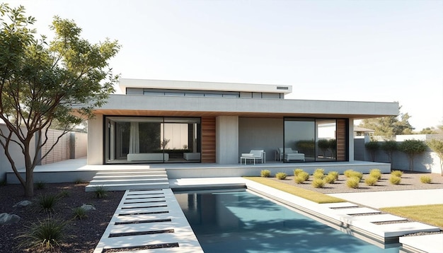 a house with a pool and a pool with a pool in the background