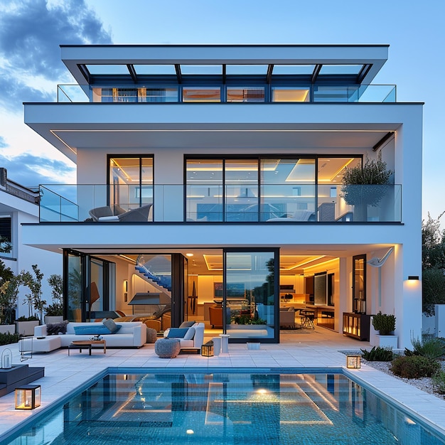 a house with a pool and a pool with a view of the ocean