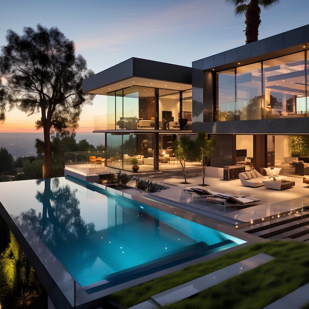 a house with a pool and a pool with a view of the ocean