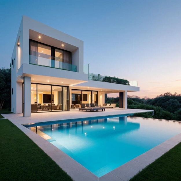 a house with a pool and a pool with a view of the sunset