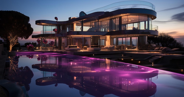 a house with a pool and a purple light that is lit up