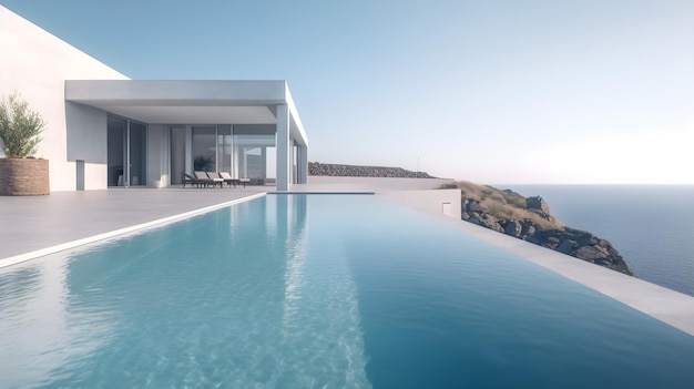 A house with a pool and a sea view