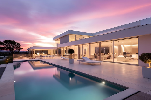 a house with a pool and a sunset in the background