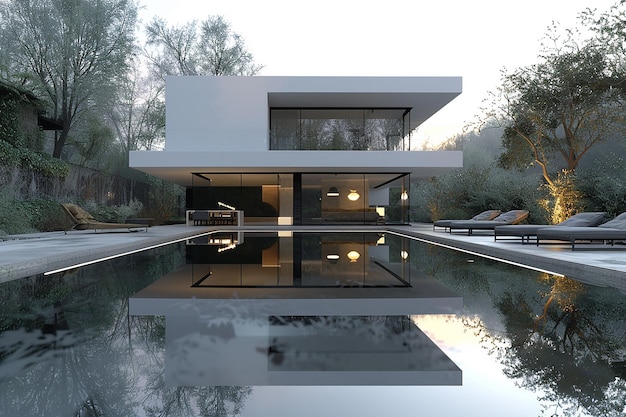 Photo a house with a pool that has a reflection of trees in it