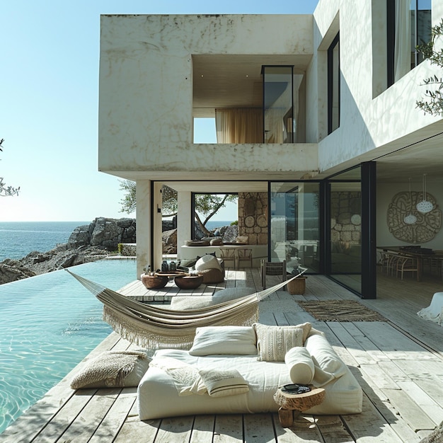 a house with a pool and a view of the ocean