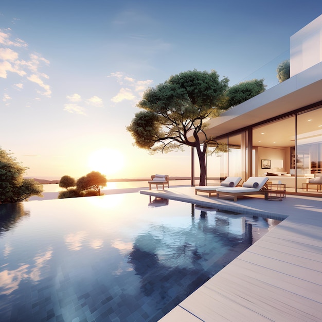 a house with a pool and a view of the sunset