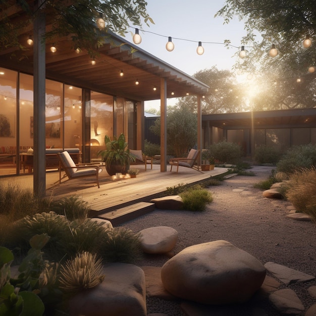 A house with a porch and a large window with the sun setting behind it.