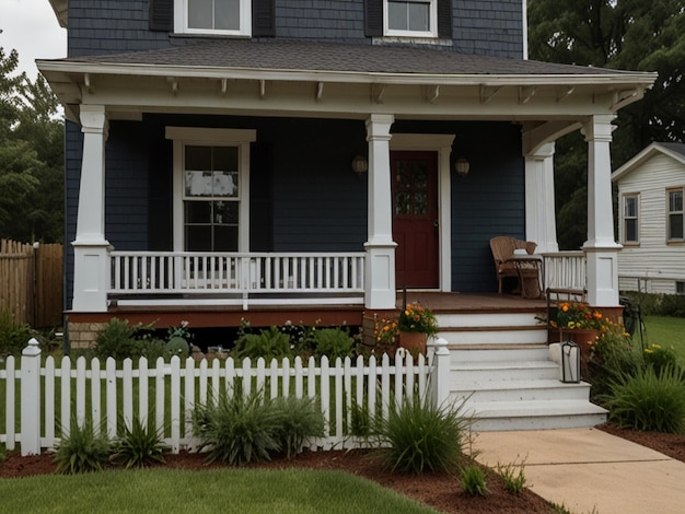 A house with a porch and a porch with a porch and a fence with a porch