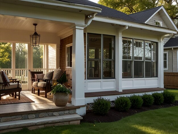 A house with a porch and a porch with a porch and a fence with a porch