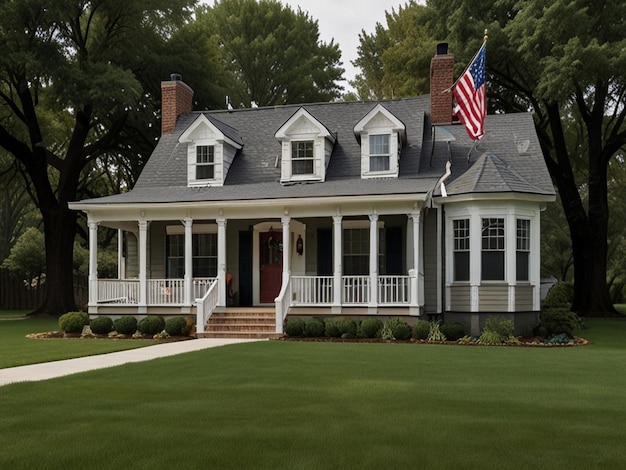 A house with a porch and a porch with a porch and a fence with a porch