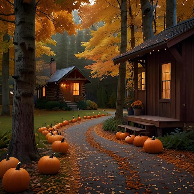 a house with a porch and pumpkins on the front