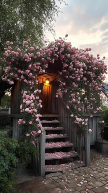 A house with a porch and a staircase covered in pink roses.