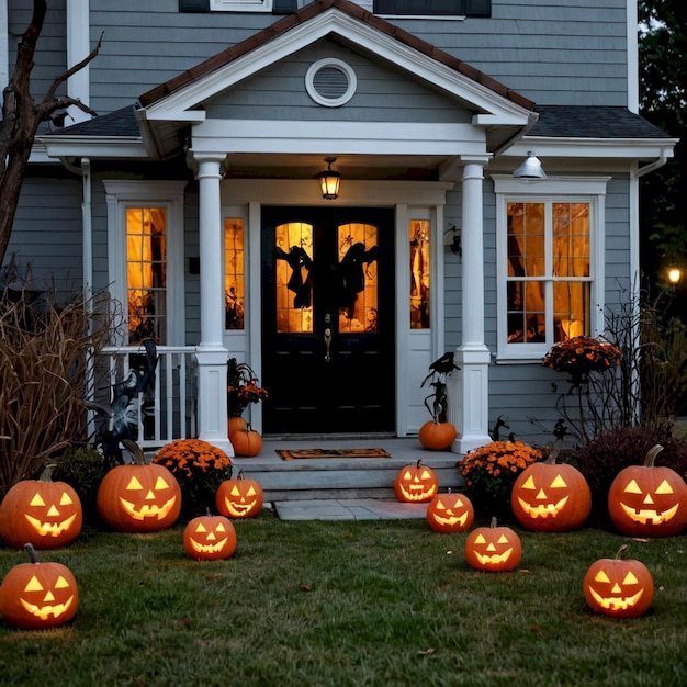 a house with a porch with pumpkins on the front door