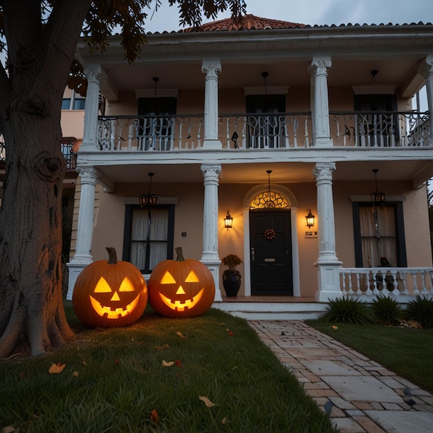 a house with a pumpkin on the front porch