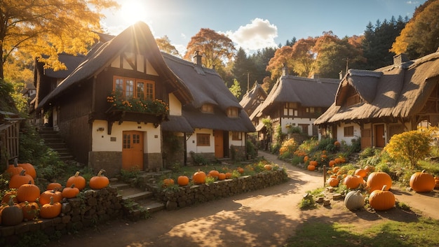 a house with a pumpkin patch on the front