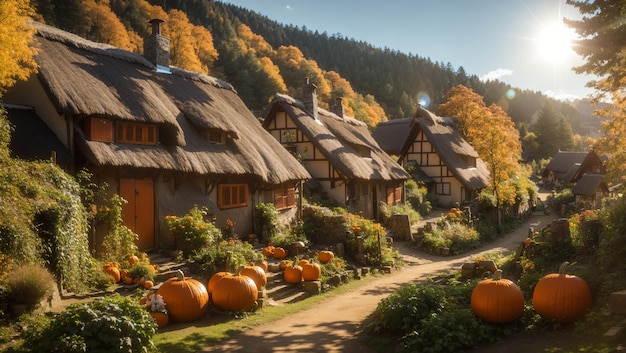 a house with a pumpkin patch on the front