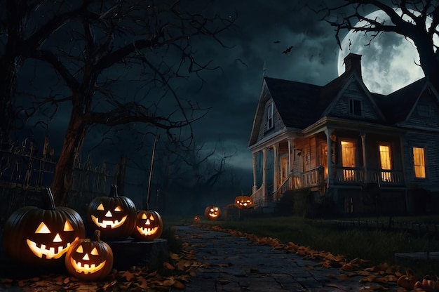 a house with pumpkins on the front and a house in the background