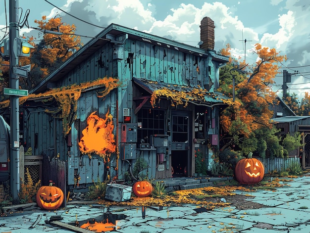 a house with pumpkins on the front and a house with a fire on the front