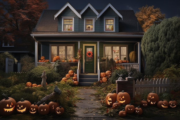 a house with pumpkins on the front porch